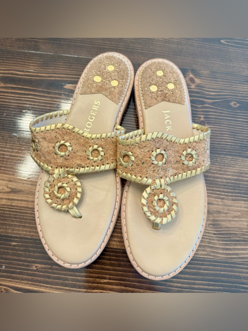 Jack Rogers Women’s Tan Cork Whipstitch Rosette Sandals EUC Size 7